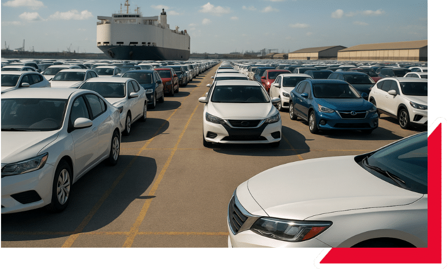 Registro de autos chocolates en Tijuana en puerto con filas de vehículos importados