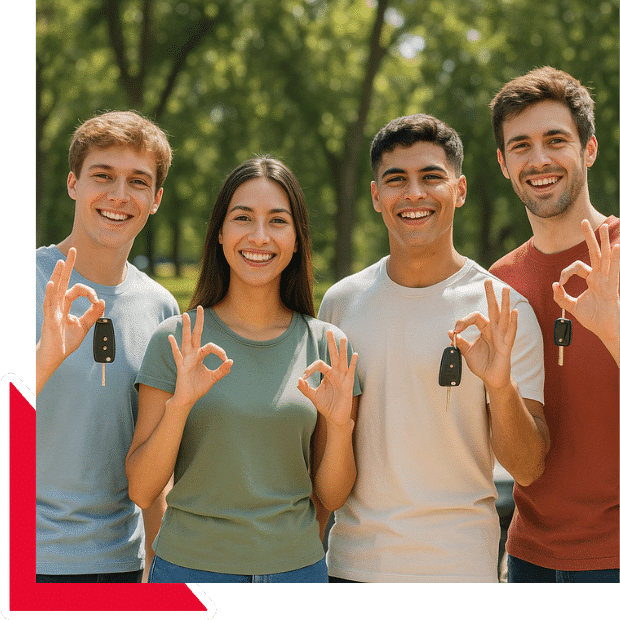 Personas felices mostrando llaves de autos después de la regularización de carros chocolate en Tijuana